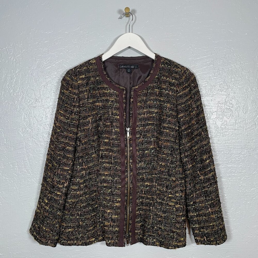 LAFAYETTE 148 Women 6 Brown Tweed Zip Up Blazer Suit Jacket Quiet Luxury Career